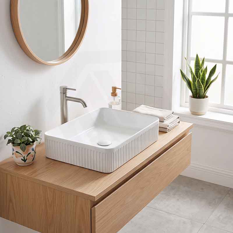 Fienza Eleanor Rectangle Above Counter Fluted Basin Ceramic 500x380x100mm - Gloss White