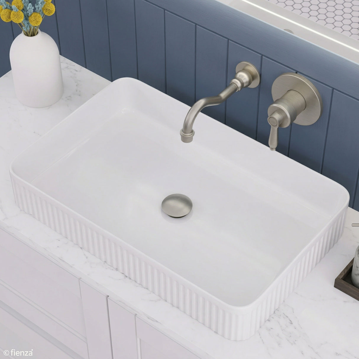 500x380x100mm Fienza Eleanor Rectangle Above Counter Fluted Basin Ceramic Gloss White
