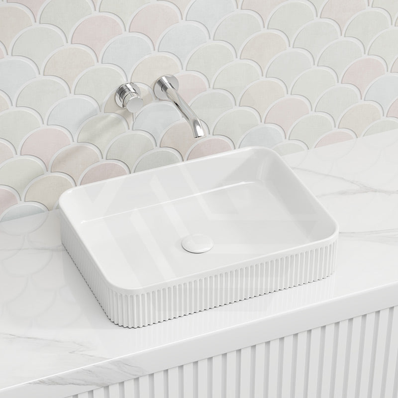 Fienza Eleanor Rectangle Above Counter Fluted Basin Ceramic 500x380x100mm - Gloss White