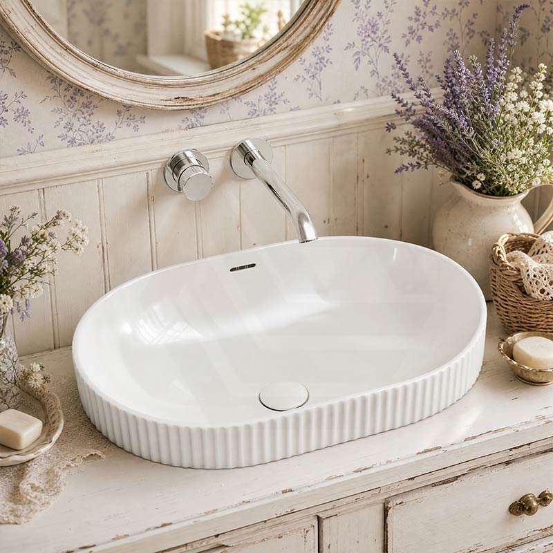 Fienza Eleanor Oval Fluted Ceramic Inset Basin with Overflow 555x385x170mm - Variant Colour