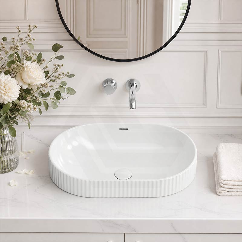 Fienza Eleanor Oval Fluted Ceramic Inset Basin with Overflow 555x385x170mm - Variant Colour