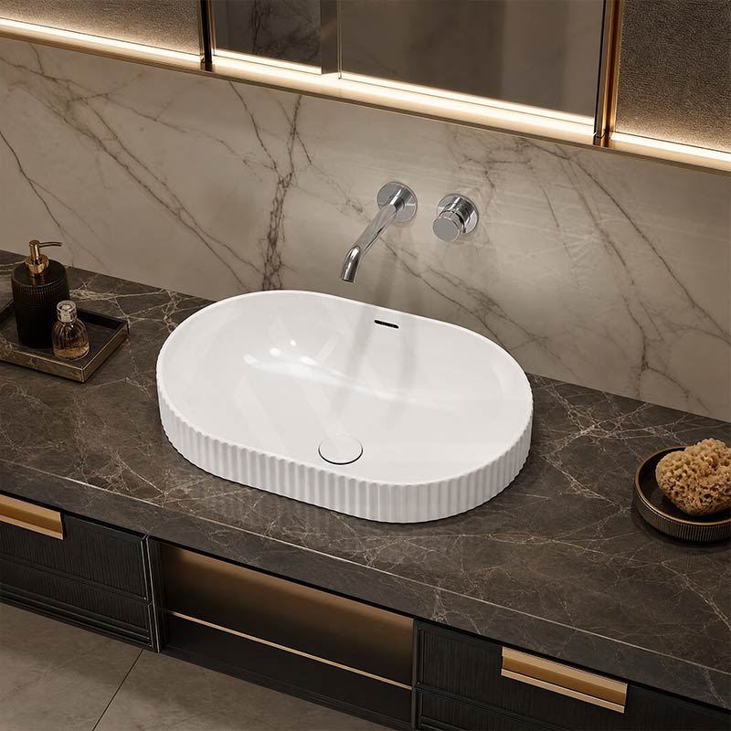 Fienza Eleanor Oval Fluted Ceramic Inset Basin with Overflow 555x385x170mm - Variant Colour