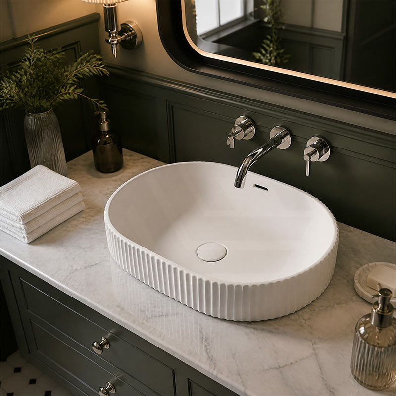 Fienza Eleanor Oval Fluted Ceramic Inset Basin with Overflow 555x385x170mm - Variant Colour