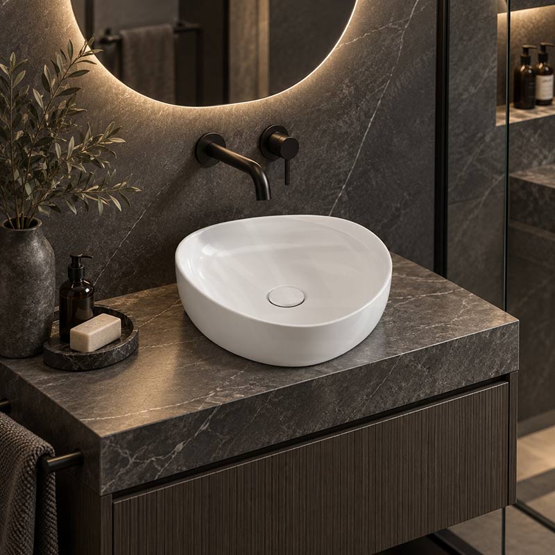 Fienza Pebble Small Above Counter Ceramic Basin Slim Edge 400x395x100mm - In Various Colour
