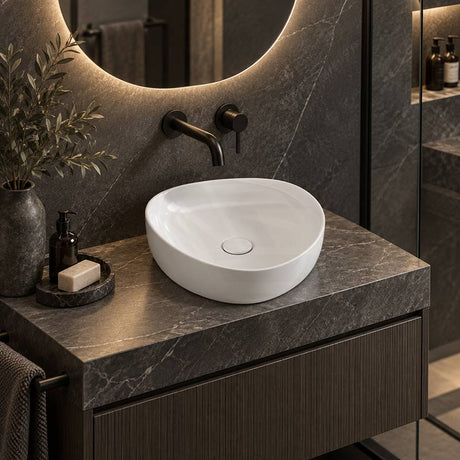 Fienza Pebble Small Above Counter Ceramic Basin Slim Edge 400x395x100mm - In Various Colour