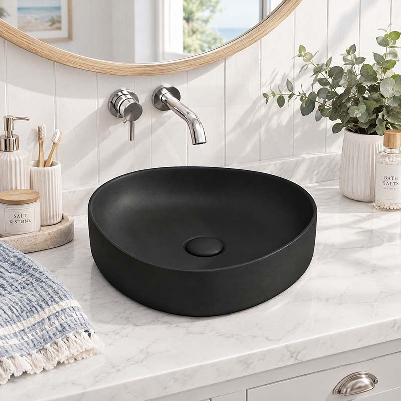 Fienza Pebble Small Above Counter Ceramic Basin Slim Edge 400x395x100mm - In Various Colour