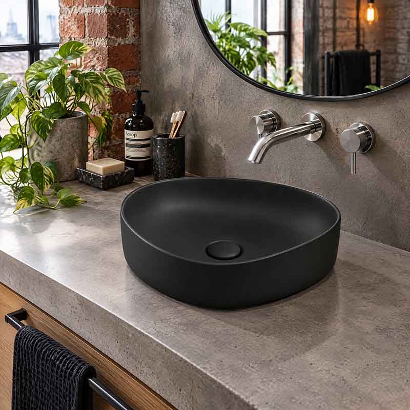 Fienza Pebble Small Above Counter Ceramic Basin Slim Edge 400x395x100mm - In Various Colour