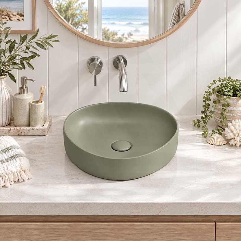 Fienza Pebble Small Above Counter Ceramic Basin Slim Edge 400x395x100mm - In Various Colour