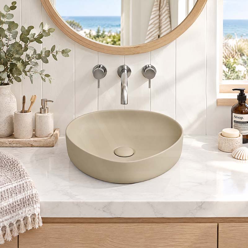 Fienza Pebble Small Above Counter Ceramic Basin Slim Edge 400x395x100mm - In Various Colour
