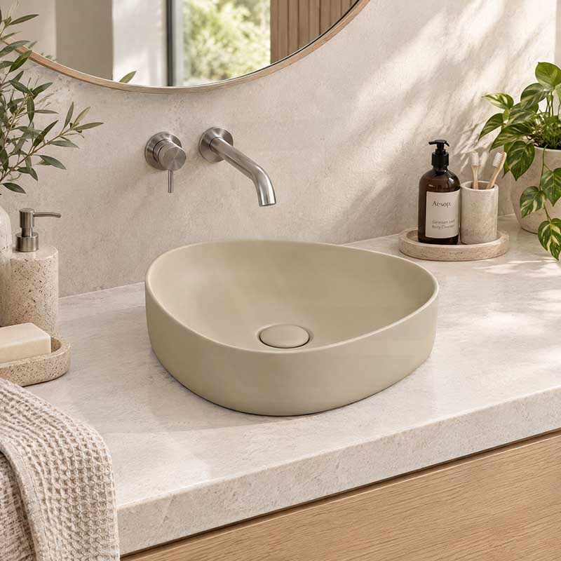 Fienza Pebble Small Above Counter Ceramic Basin Slim Edge 400x395x100mm - In Various Colour