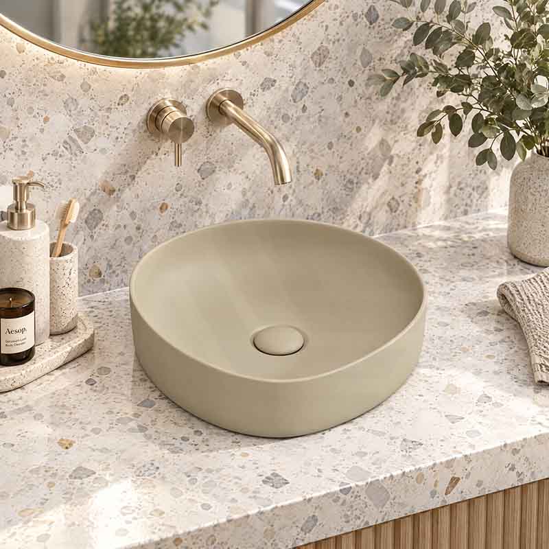 Fienza Pebble Small Above Counter Ceramic Basin Slim Edge 400x395x100mm - In Various Colour