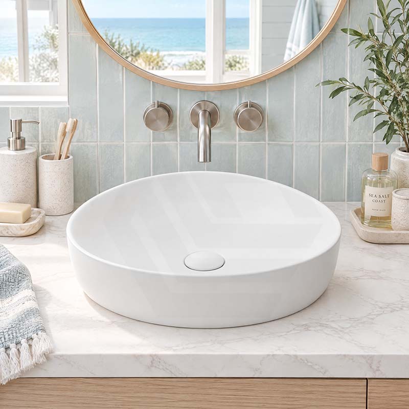 Fienza Pebble Small Above Counter Ceramic Basin Slim Edge 400x395x100mm - In Various Colour