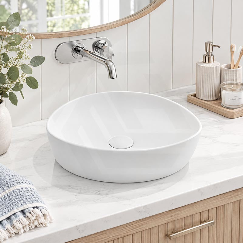 Fienza Pebble Small Above Counter Ceramic Basin Slim Edge 400x395x100mm - In Various Colour