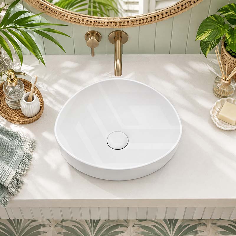 Fienza Pebble Small Above Counter Ceramic Basin Slim Edge 400x395x100mm - In Various Colour