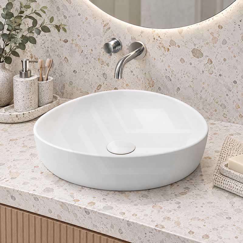 Fienza Pebble Small Above Counter Ceramic Basin Slim Edge 400x395x100mm - In Various Colour