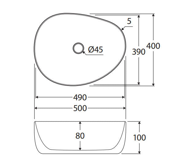 500x400x100mm Fienza Pebble Medium Above Counter Ceramic Basin Slim Edge In Various Colour