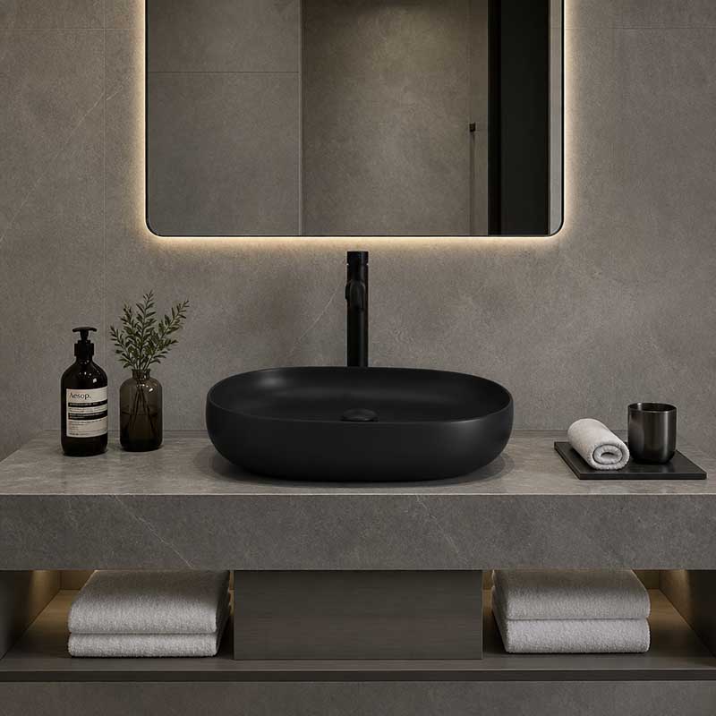 Fienza Pebble Medium Above Counter Ceramic Basin Slim Edge 500x400x100mm - 5 Colours