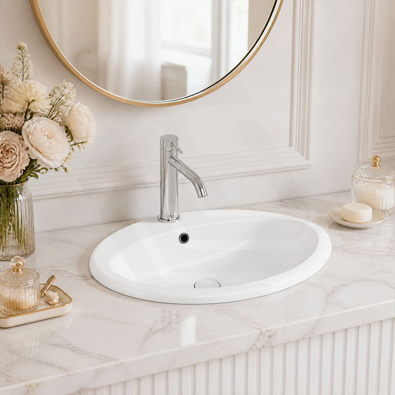 Fienza Lacy Oval Ceramic Fully-Inset Basin with Overflow Hole 565x480x218mm - Gloss White