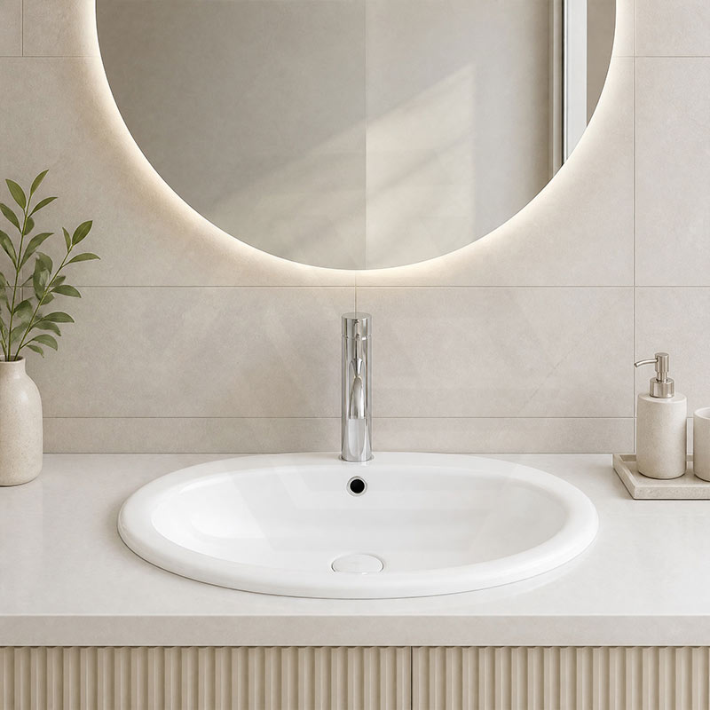 Fienza Lacy Oval Ceramic Fully-Inset Basin with Overflow Hole 565x480x218mm - Gloss White