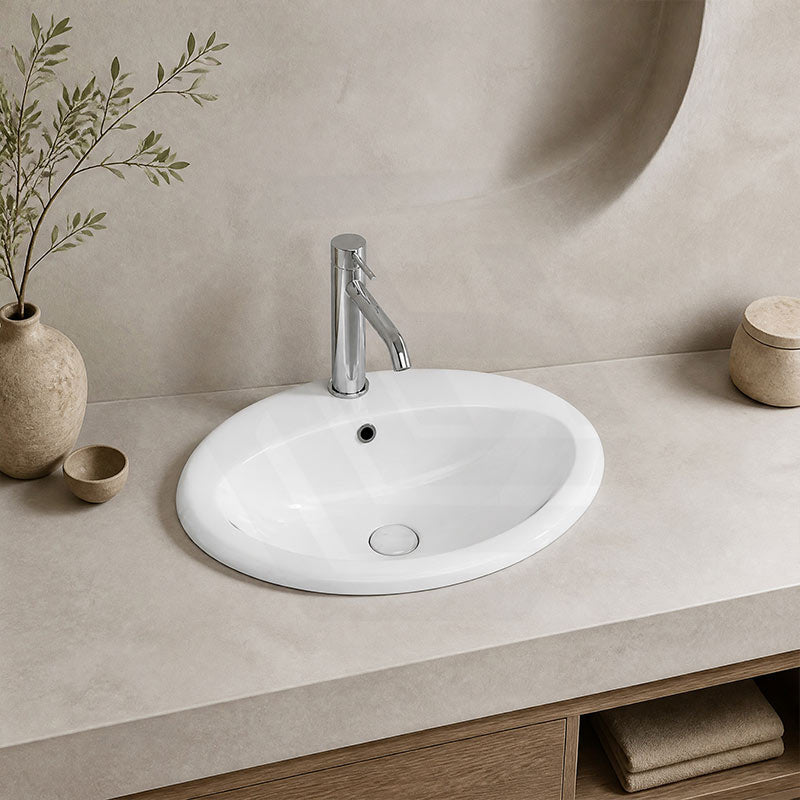Fienza Lacy Oval Ceramic Fully-Inset Basin with Overflow Hole 565x480x218mm - Gloss White