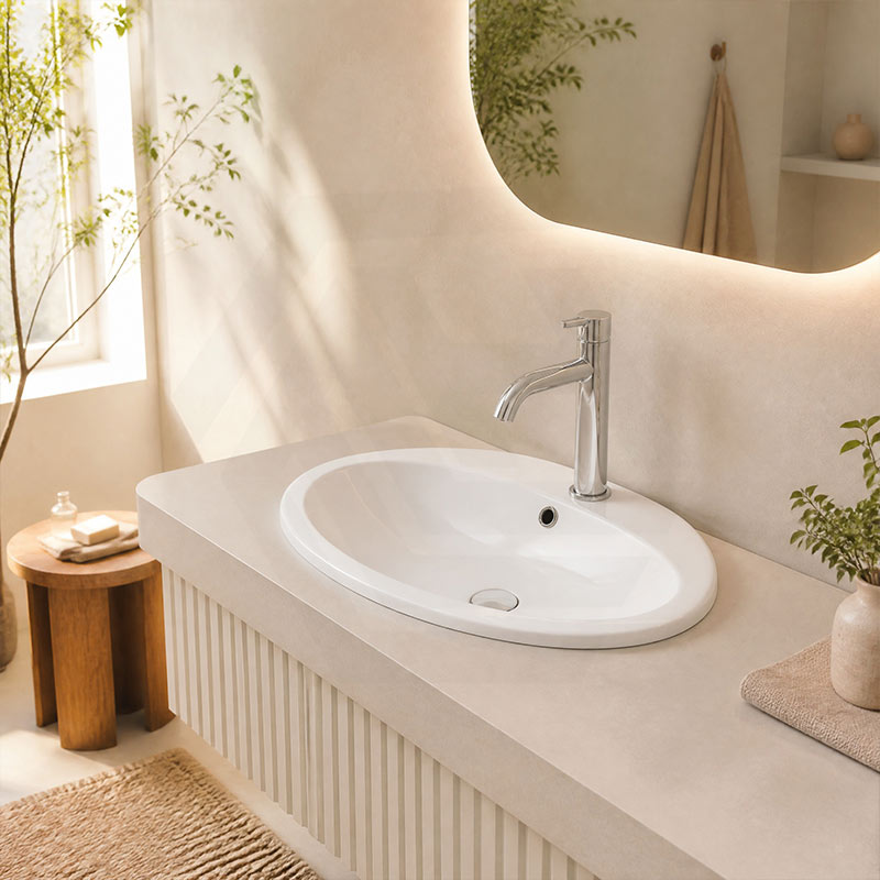 Fienza Lacy Oval Ceramic Fully-Inset Basin with Overflow Hole 565x480x218mm - Gloss White