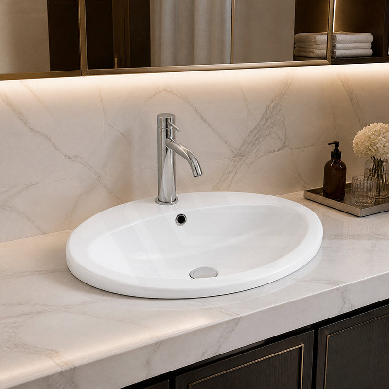 Fienza Lacy Oval Ceramic Fully-Inset Basin with Overflow Hole 565x480x218mm - Gloss White
