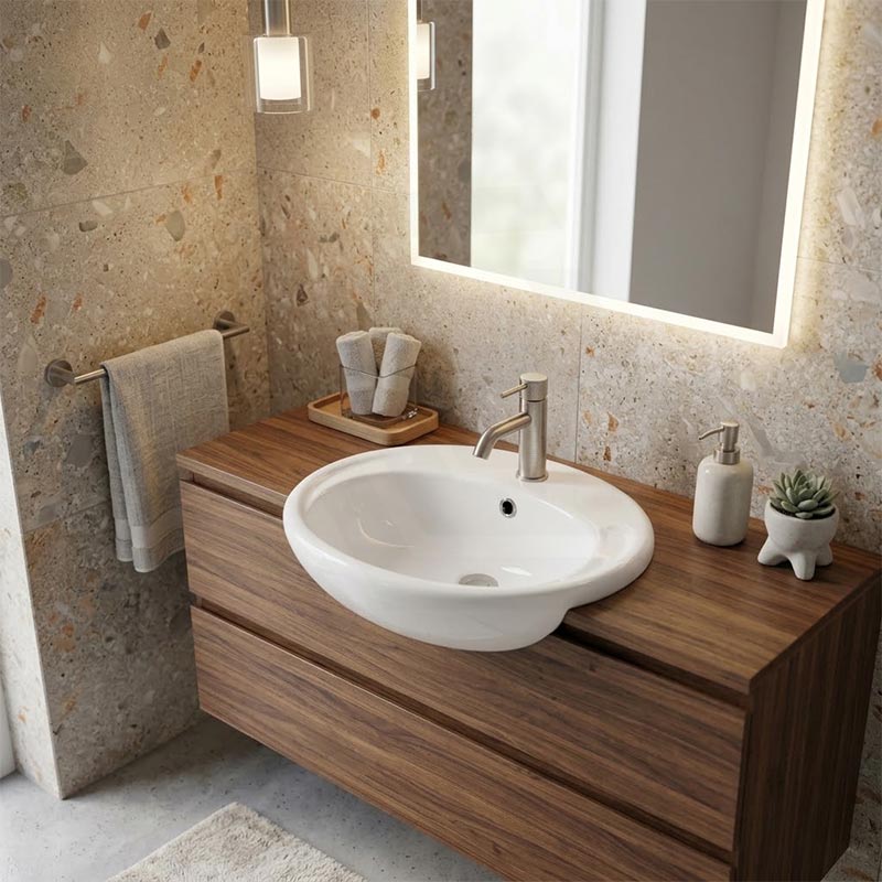 Fienza Micki Oval Semi Recessed Ceramic Basin One Tap Hole 515x430x175mm - Gloss White