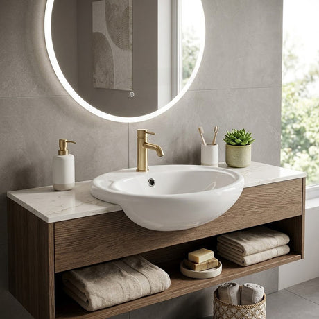Fienza Micki Oval Semi Recessed Ceramic Basin One Tap Hole 515x430x175mm - Gloss White