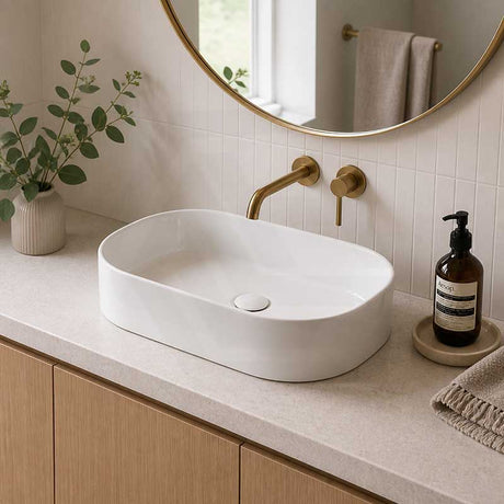 Fienza Aluca Pill Ceramic Above Counter Basin Slim Edge 510x310x120mm - 3 Colours