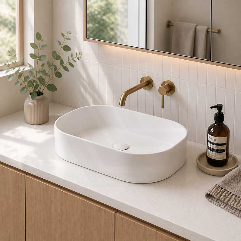 Fienza Aluca Pill Ceramic Above Counter Basin Slim Edge 510x310x120mm - 3 Colours