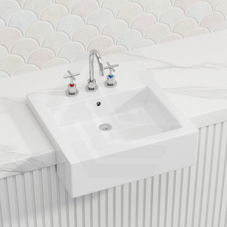 Fienza Jacinta Rectangle Semi Recessed Ceramic Basin 1 or 3 Tap Holes 480x460x150mm - Gloss White