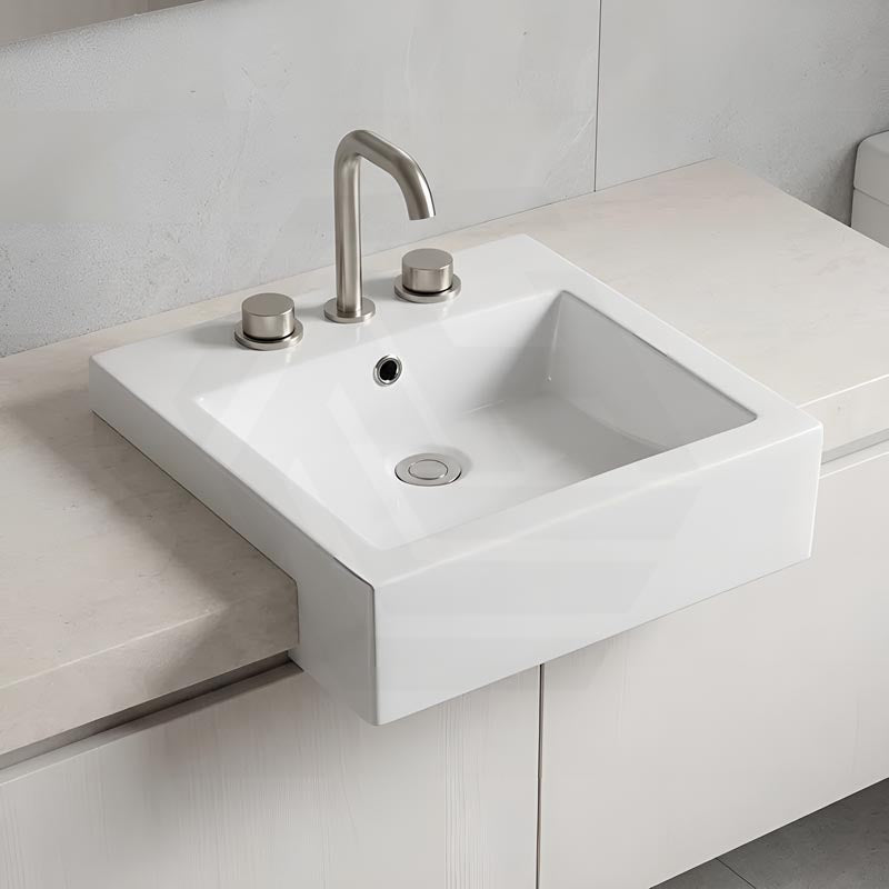 Fienza Jacinta Rectangle Semi Recessed Ceramic Basin 1 or 3 Tap Holes 480x460x150mm - Gloss White