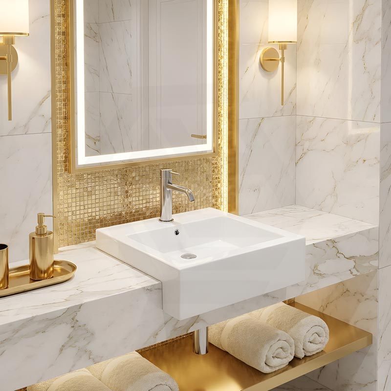 Fienza Jacinta Rectangle Semi Recessed Ceramic Basin 1 or 3 Tap Holes 480x460x150mm - Gloss White