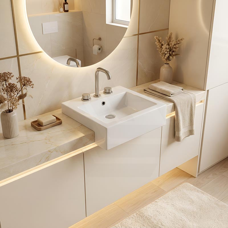 Fienza Jacinta Rectangle Semi Recessed Ceramic Basin 1 or 3 Tap Holes 480x460x150mm - Gloss White