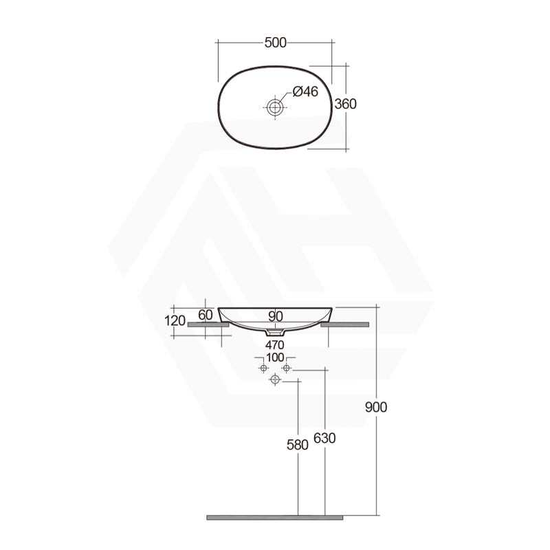 500/600x360x120mm RAK Variant Alpine Gloss White Oval Inset Ceramic Basin NO Tap Hole