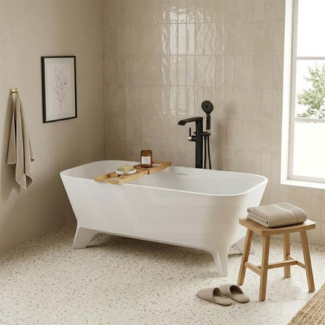 Fienza Hampton Cast Stone Solid Surface Freestanding Bathtub with Legs Rectangular With Overflow 1600x800x600mm - Matt White