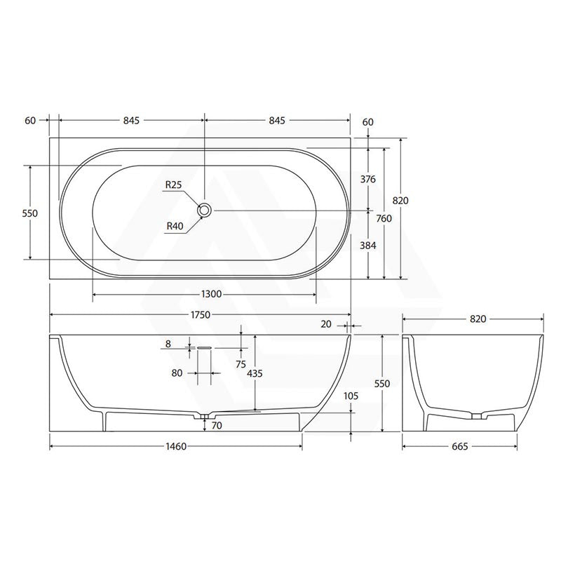 Fienza Matta Solid Surface Left/Right Corner Bathtub with Overflow 1750mm - Matt White