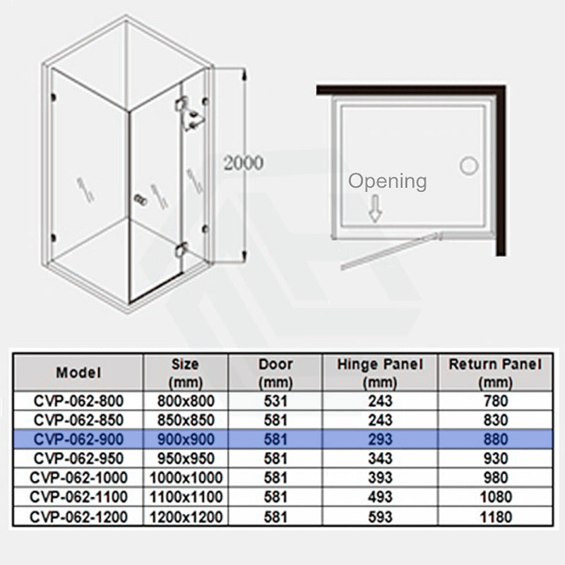 From 800Mm To 1200Mm Square Shower Screen Pivot Door With Return Panel Chrome Frameless 10Mm Glass