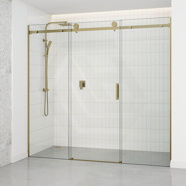 Tempered Glass Sliding Shower Screen 3 Panels Frameless Wall To Wall Brushed Gold