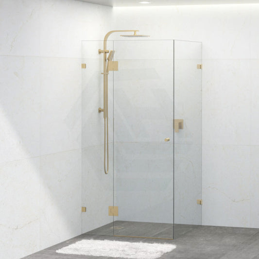 Tempered Glass Frameless Shower Screen L Shape Hinges Door Panel Brushed Gold