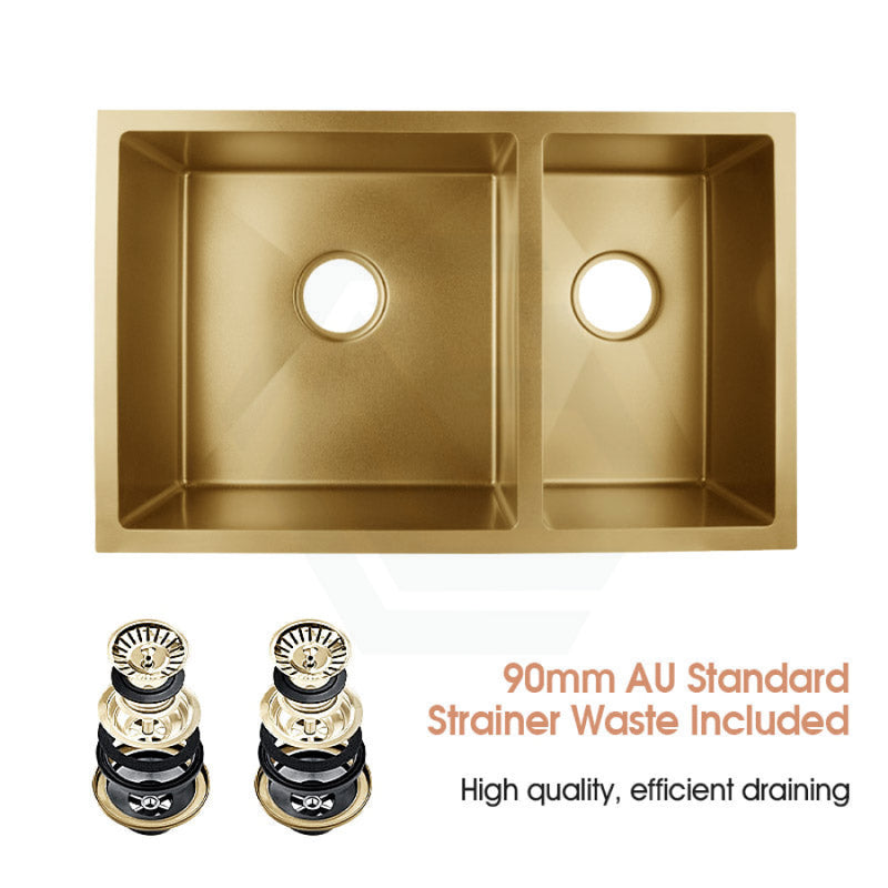 710X450X205Mm 1.2Mm Brushed Yellow Gold Handmade Round Corners Double Bowls Top/under/flush Mount