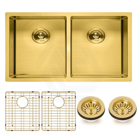 770X450X215Mm Brushed Gold Pvd 1.2Mm Handmade Top/undermount Double Bowls Kitchen Sink