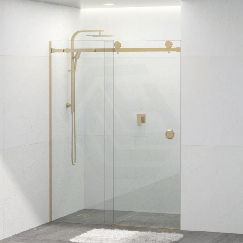 Tempered Glass Wall To Wall Sliding Shower Screen Frameless Round Handle Brushed Gold