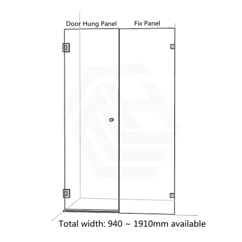 940-1910Mm Frameless Wall To Shower Screen Door Hung With Fix Panel In Brushed Gold Fittings 10Mm