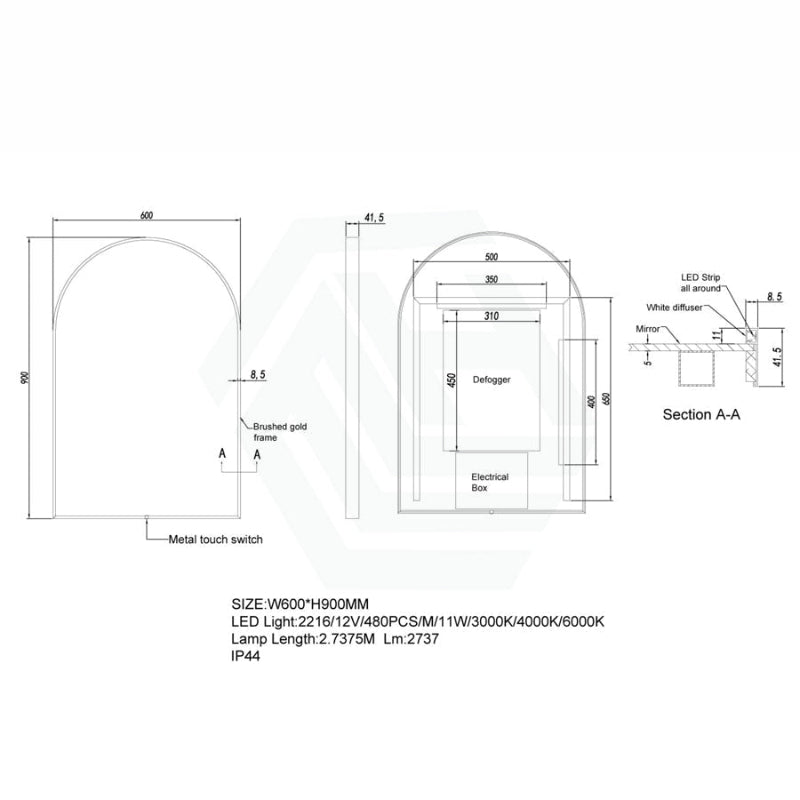 G#2(Gold) 600X900Mm Arch Led Brushed Gold Framed Mirror Touch Switch Vertical Or Horizontal Mirrors