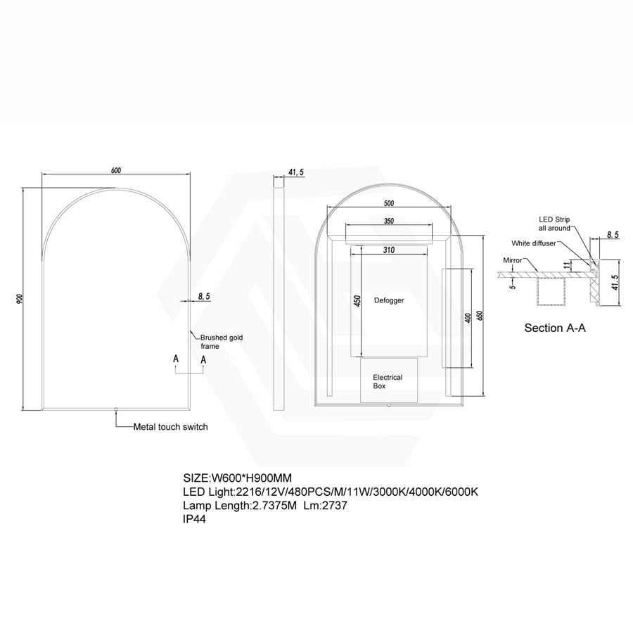 G#2(Gold) 600X900Mm Arch Led Brushed Gold Framed Mirror Touch Switch Vertical Or Horizontal Mirrors