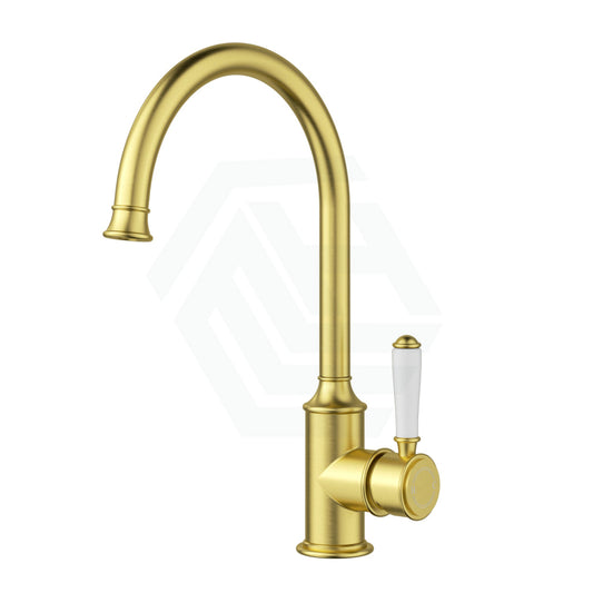 G#9(Gold) Ikon Clasico Brushed Gold Brass Gooseneck Sink Mixer With Brass/Ceramic Handle Ceramic