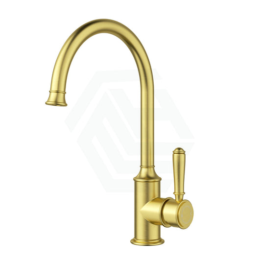 G#9(Gold) Ikon Clasico Brushed Gold Brass Gooseneck Sink Mixer With Brass/Ceramic Handle Swivel