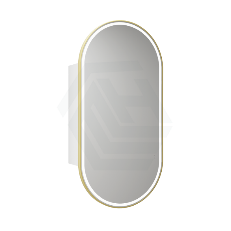 G#6(Gold) 450X900Mm Beau Monde Led Mirror Oval Shaving Cabinet Matt White Finish Brushed Gold