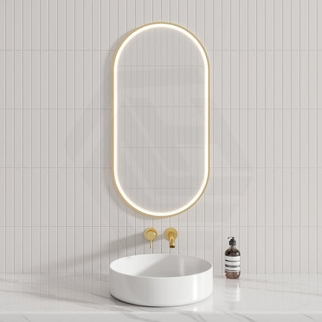 450X900Mm Beau Monde Led Mirror Oval Brushed Gold Framed Touch Sensor Backlit For Bathroom Mirrors